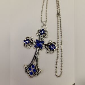 Elegant Silver and Blue Cross Pendant Necklace